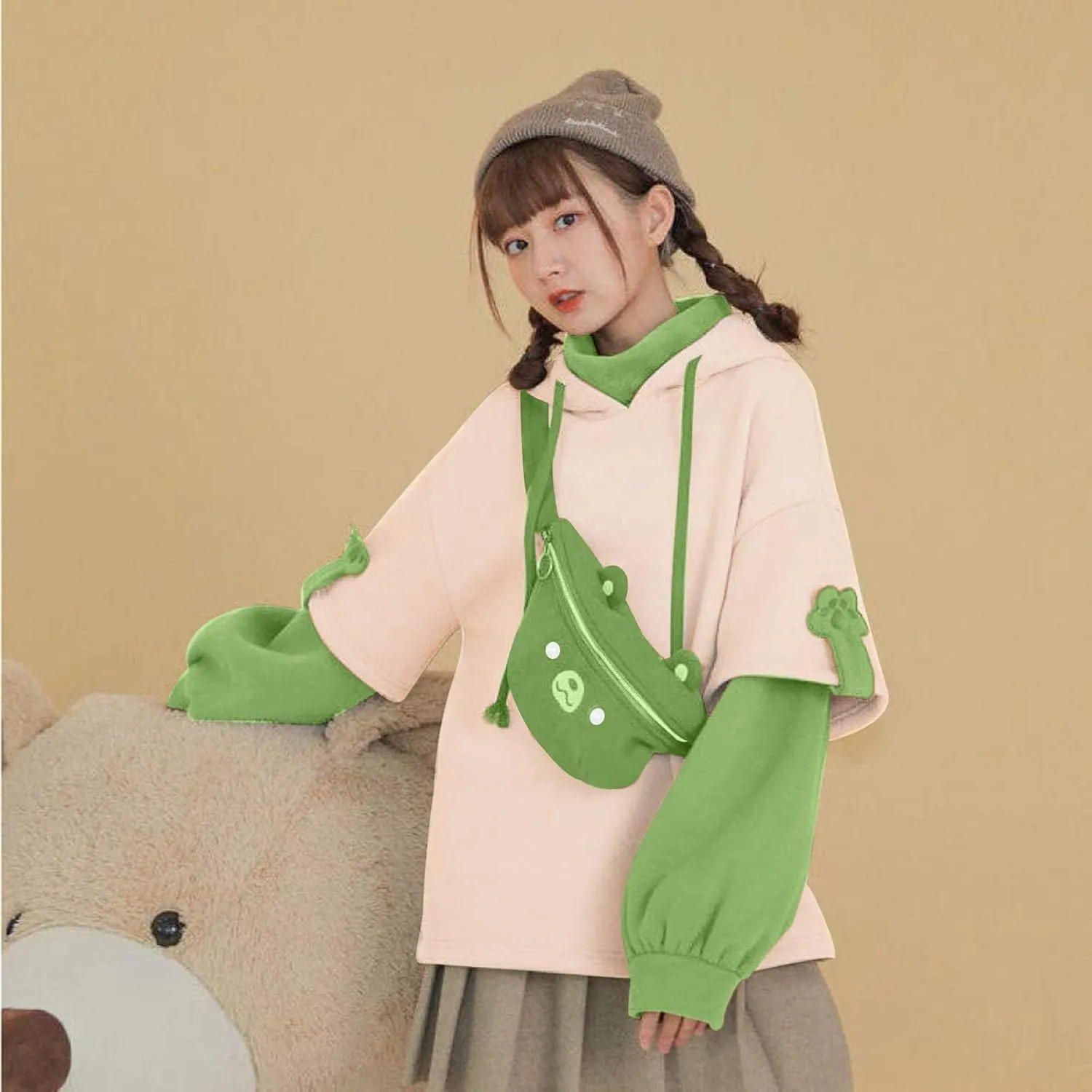 RKSTN Cute Bear Hoodie for Womens Long Sleeve Sweatshirts Patchwork Hooded Shirts with Cute Personality Bag Girls Hoodie Coat