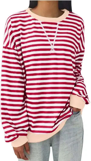 RKSTN Womens Casual Striped Tops Long Sleeve Shirts Crewneck Oversized Sweatshirts 2024 Trendy Fall Clothes