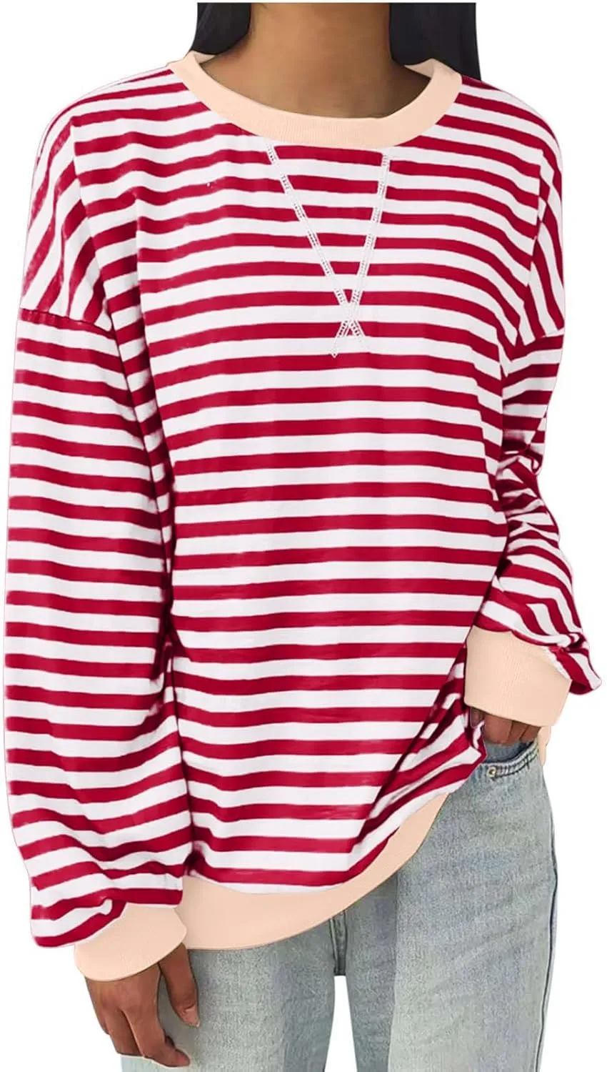 RKSTN Womens Casual Striped Tops Long Sleeve Shirts Crewneck Oversized Sweatshirts 2024 Trendy Fall Clothes