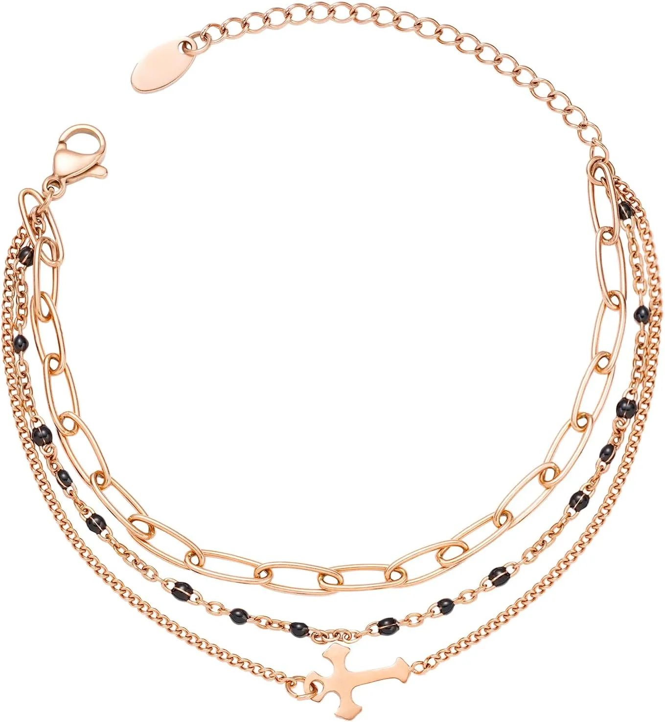 Rose Gold Bracelets for Women Dainty Cross Charm 3 Layered Bracelet Stack Christian Jewelry w/Black Beads Paperclip Chain Small Gifts for Her Jesus Fashion Accessories 2025