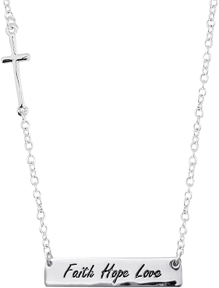 Rosemarie's Religious Gifts Women's Stunning Silver Tone Inspirational Faith Hope Love Bar Pendant Engraved Necklace, 18" 3" Extender