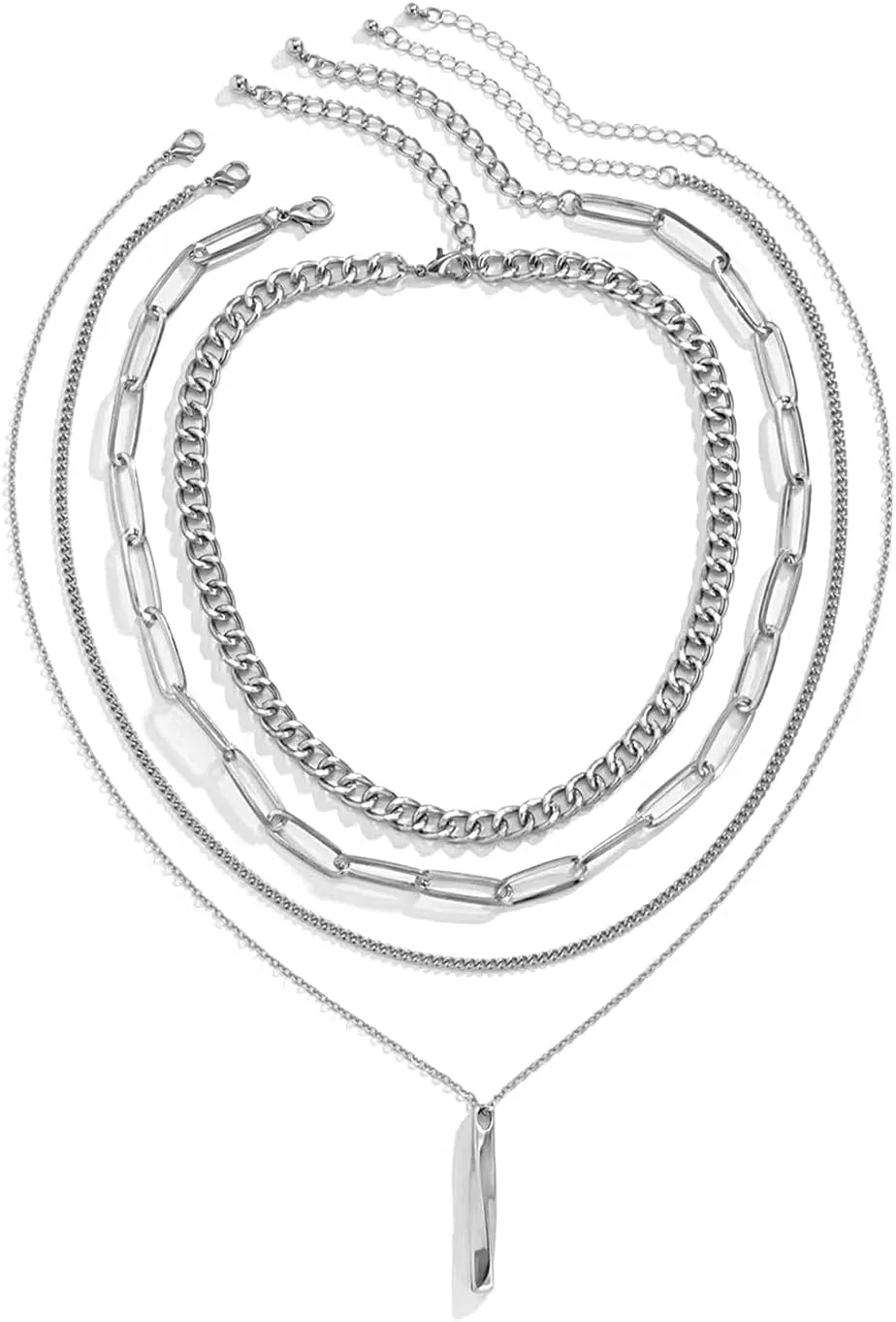 Rrdaily 4Pcs Layered Metal Bar Pendant Necklace Set for Women, 14K Gold Stacked Paperclip Link Choker Cuba Chain Collar Necklace Adjustable Aesthetic Jewelry