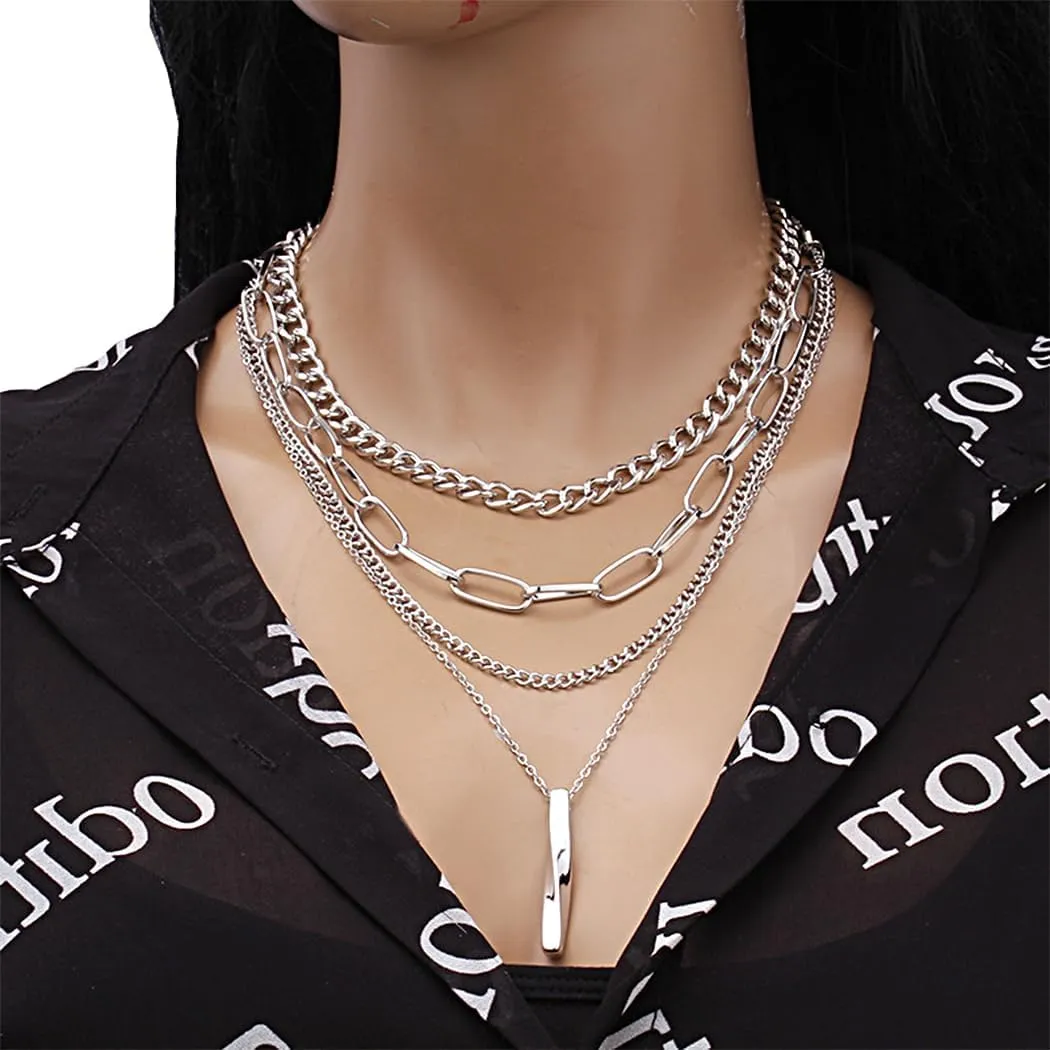 Rrdaily 4Pcs Layered Metal Bar Pendant Necklace Set for Women, 14K Gold Stacked Paperclip Link Choker Cuba Chain Collar Necklace Adjustable Aesthetic Jewelry