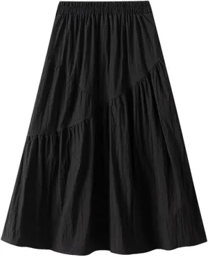 Ruffle Midi Skirts for Women Elastic Waist Pleated Swing Skirt Trendy Business Solid Color Casual A-Line Skirts