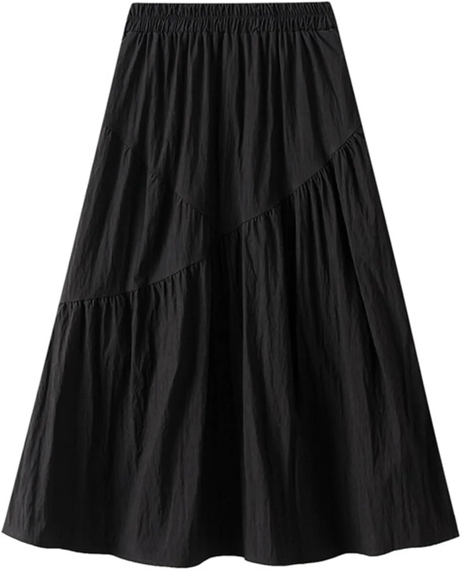 Ruffle Midi Skirts for Women Elastic Waist Pleated Swing Skirt Trendy Business Solid Color Casual A-Line Skirts