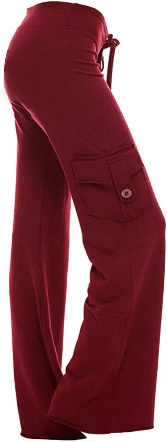 Ruziyoog High Waisted Yoga Pants with Pockets Casual Wide Leg Lounge Pants Drawstring Elastic Waist Trousers for Women