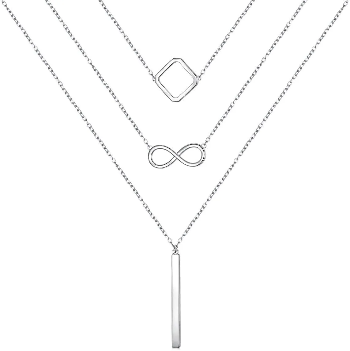 S925 Sterling Silver Layered Necklaces Multi 3 Layer Circle Bar Boho Long Triple Choker Pendant Necklace Jewerly Gift for Women