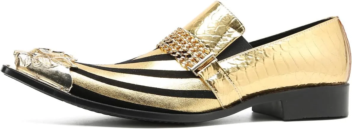 Santimon Men's Loafers Slip On Party Dress Casual Leather Stripe Texture Metal Pointed to Penny Loafers Fashion Prom Chain Shoes for Men
