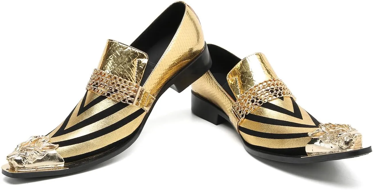 Santimon Men's Loafers Slip On Party Dress Casual Leather Stripe Texture Metal Pointed to Penny Loafers Fashion Prom Chain Shoes for Men