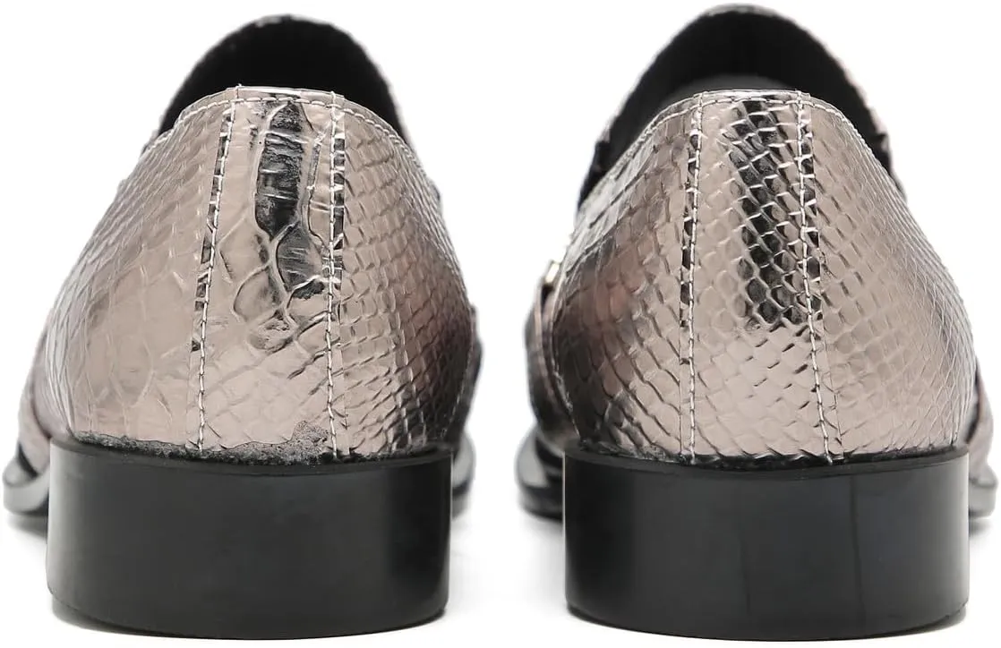 Santimon Men's Loafers Slip On Party Dress Casual Leather Stripe Texture Metal Pointed to Penny Loafers Fashion Prom Chain Shoes for Men