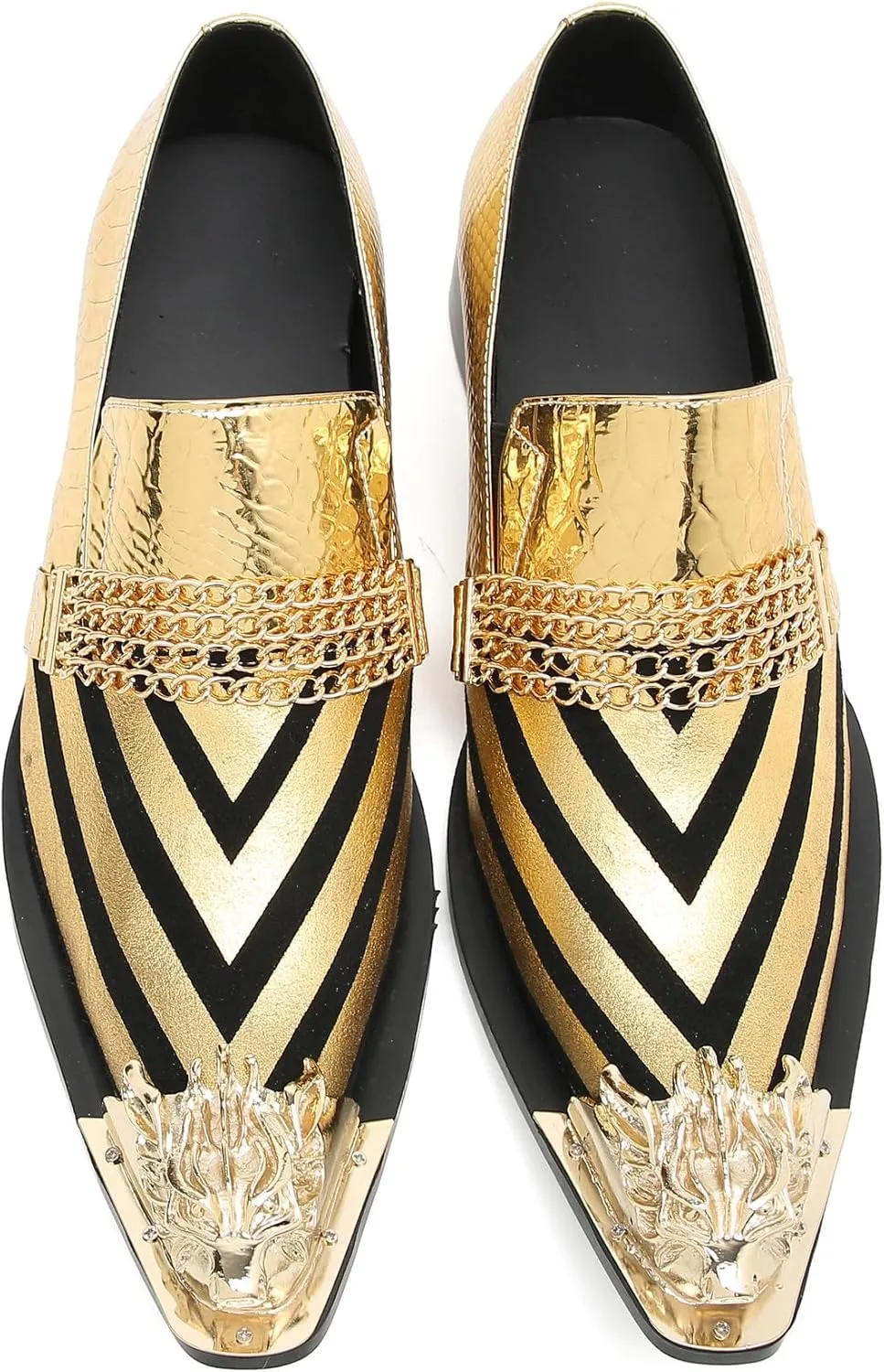 Santimon Men's Loafers Slip On Party Dress Casual Leather Stripe Texture Metal Pointed to Penny Loafers Fashion Prom Chain Shoes for Men