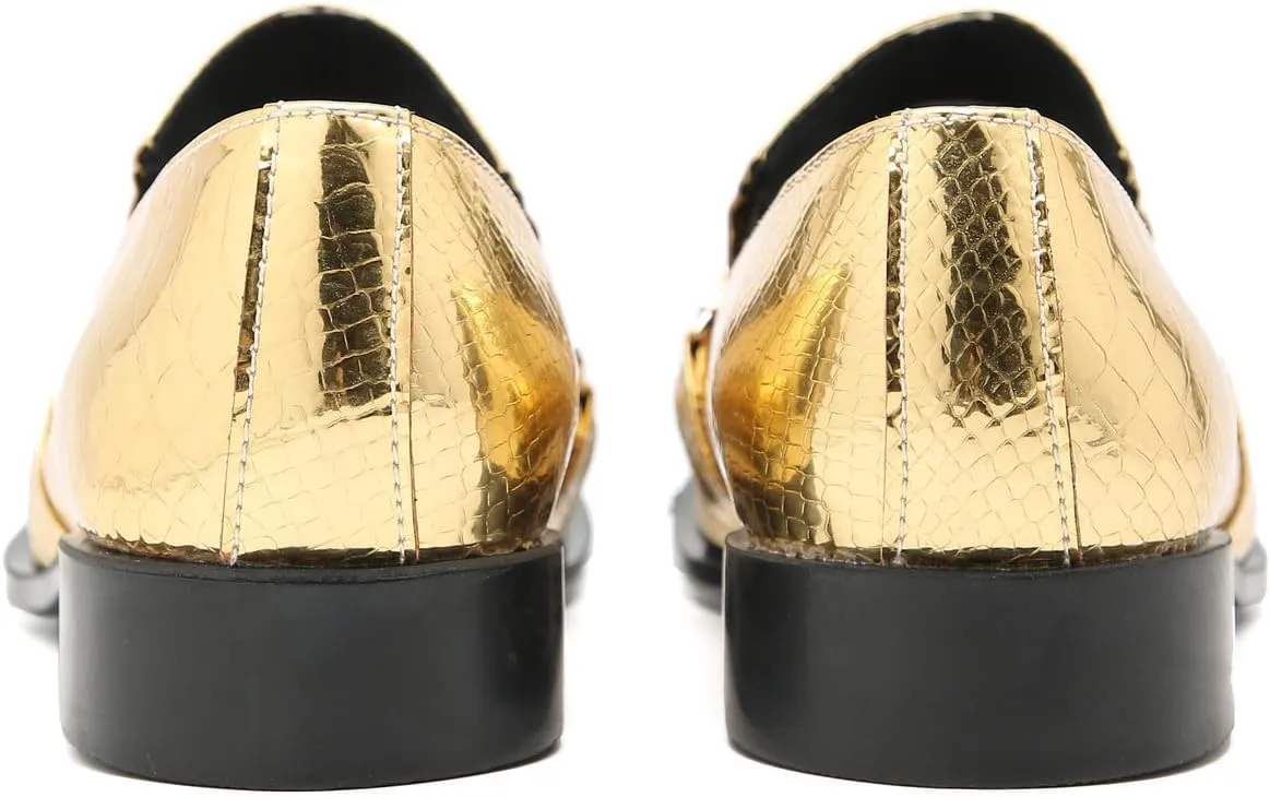 Santimon Men's Loafers Slip On Party Dress Casual Leather Stripe Texture Metal Pointed to Penny Loafers Fashion Prom Chain Shoes for Men