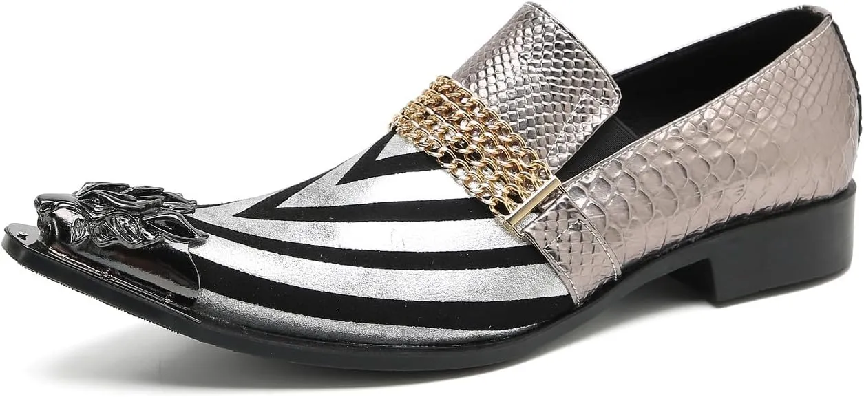 Santimon Men's Loafers Slip On Party Dress Casual Leather Stripe Texture Metal Pointed to Penny Loafers Fashion Prom Chain Shoes for Men