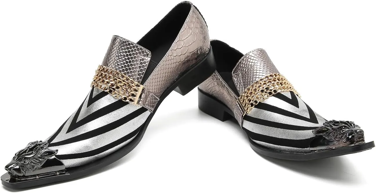 Santimon Men's Loafers Slip On Party Dress Casual Leather Stripe Texture Metal Pointed to Penny Loafers Fashion Prom Chain Shoes for Men
