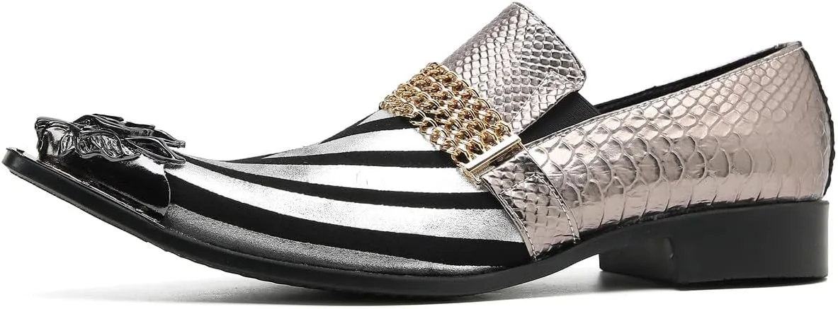 Santimon Men's Loafers Slip On Party Dress Casual Leather Stripe Texture Metal Pointed to Penny Loafers Fashion Prom Chain Shoes for Men