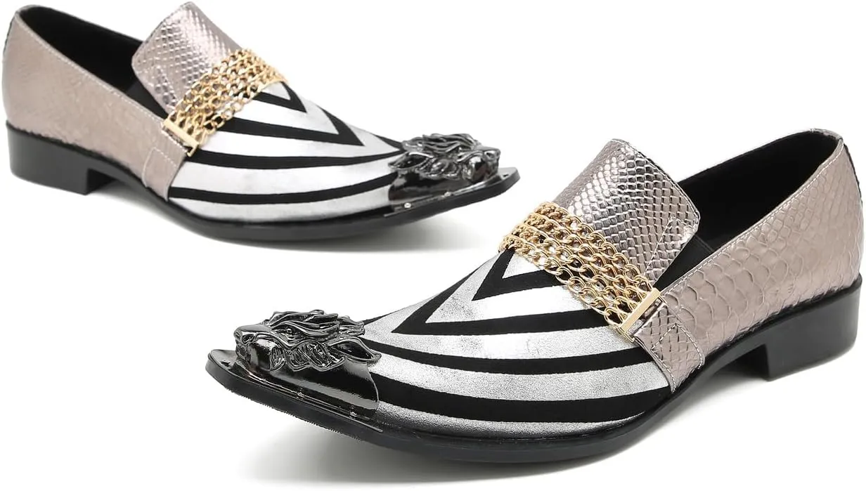 Santimon Men's Loafers Slip On Party Dress Casual Leather Stripe Texture Metal Pointed to Penny Loafers Fashion Prom Chain Shoes for Men