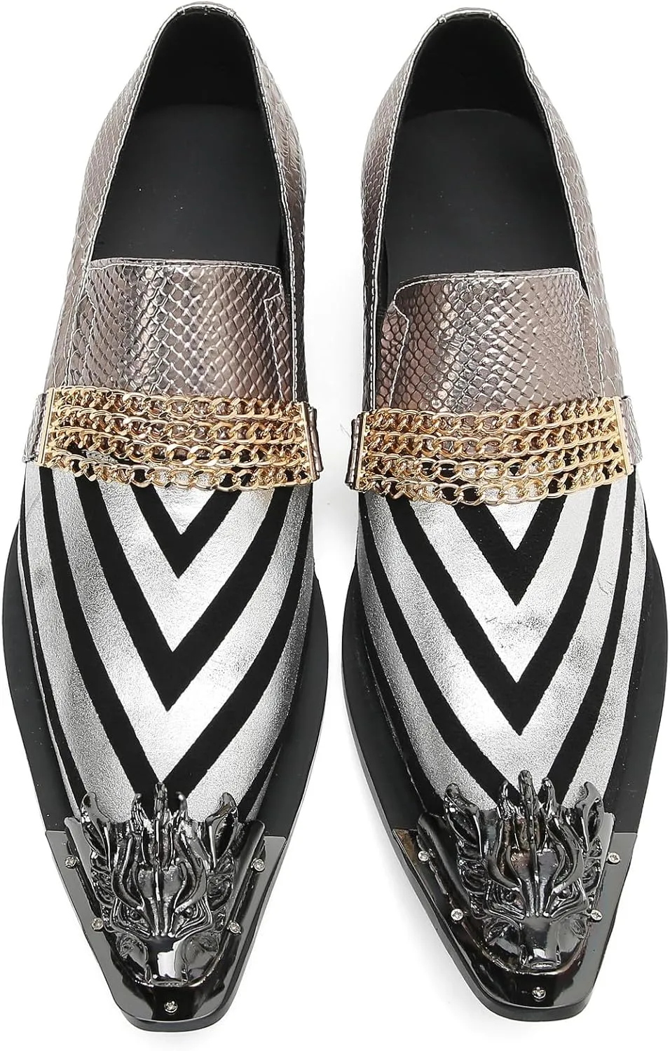 Santimon Men's Loafers Slip On Party Dress Casual Leather Stripe Texture Metal Pointed to Penny Loafers Fashion Prom Chain Shoes for Men