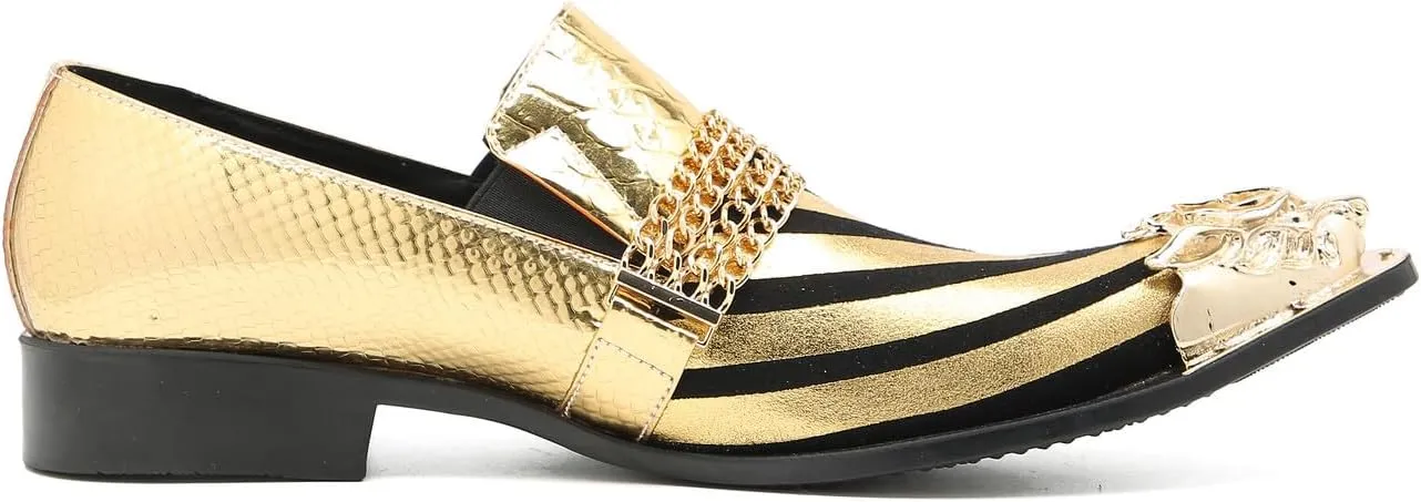 Santimon Men's Loafers Slip On Party Dress Casual Leather Stripe Texture Metal Pointed to Penny Loafers Fashion Prom Chain Shoes for Men