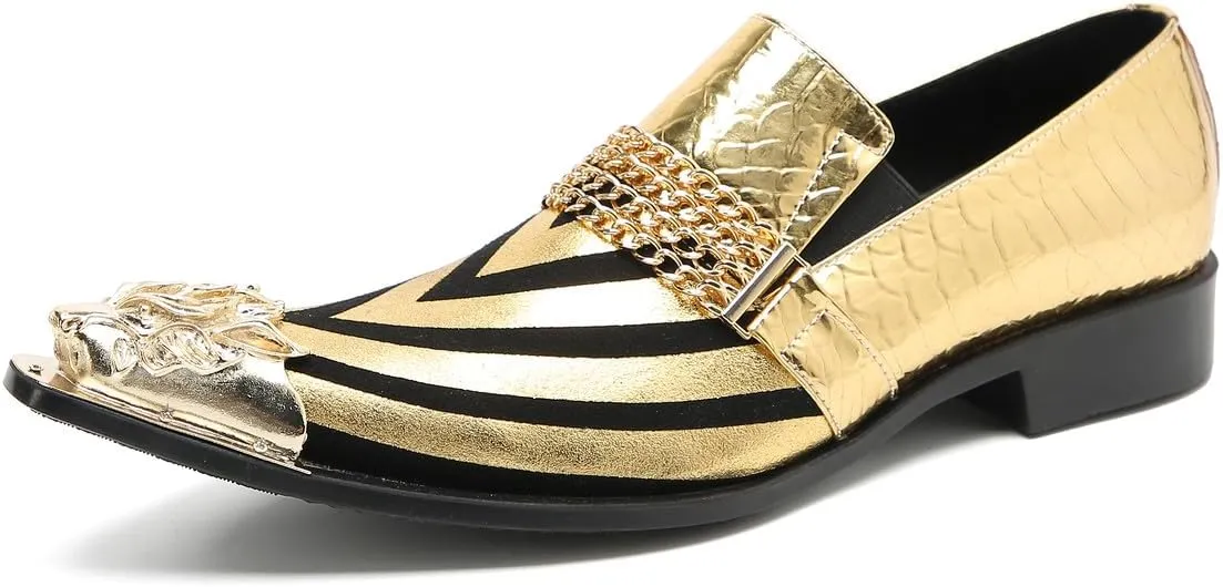 Santimon Men's Loafers Slip On Party Dress Casual Leather Stripe Texture Metal Pointed to Penny Loafers Fashion Prom Chain Shoes for Men