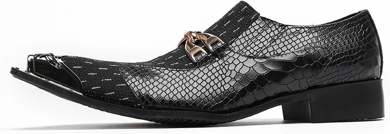 Santimon Men??s Slip-On Dress Loafers with Gold Chain & Metal Toe ?C Mixed-Texture Crocodile Embossed Leather Wedding Party Disco Bar Shoes