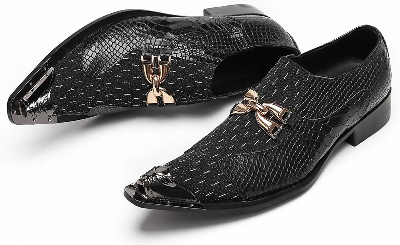 Santimon Men??s Slip-On Dress Loafers with Gold Chain & Metal Toe ?C Mixed-Texture Crocodile Embossed Leather Wedding Party Disco Bar Shoes