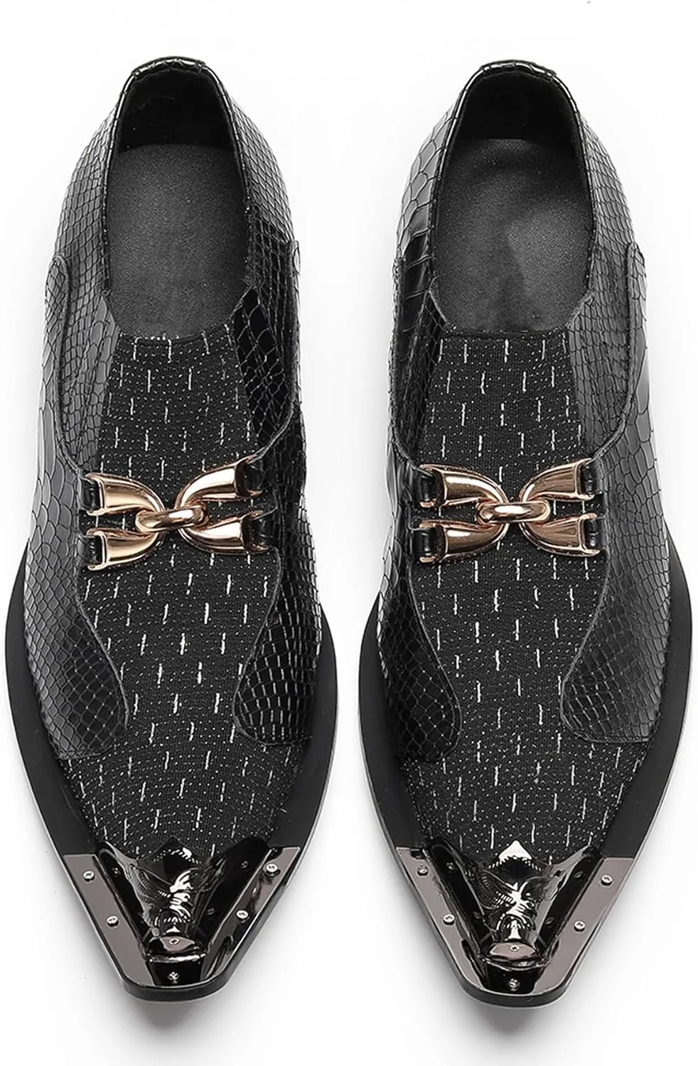Santimon Men??s Slip-On Dress Loafers with Gold Chain & Metal Toe ?C Mixed-Texture Crocodile Embossed Leather Wedding Party Disco Bar Shoes