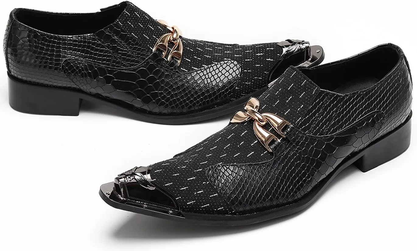 Santimon Men??s Slip-On Dress Loafers with Gold Chain & Metal Toe ?C Mixed-Texture Crocodile Embossed Leather Wedding Party Disco Bar Shoes
