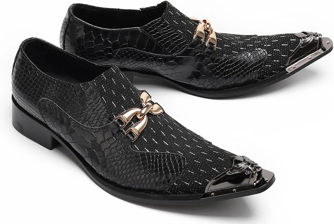 Santimon Men??s Slip-On Dress Loafers with Gold Chain & Metal Toe ?C Mixed-Texture Crocodile Embossed Leather Wedding Party Disco Bar Shoes