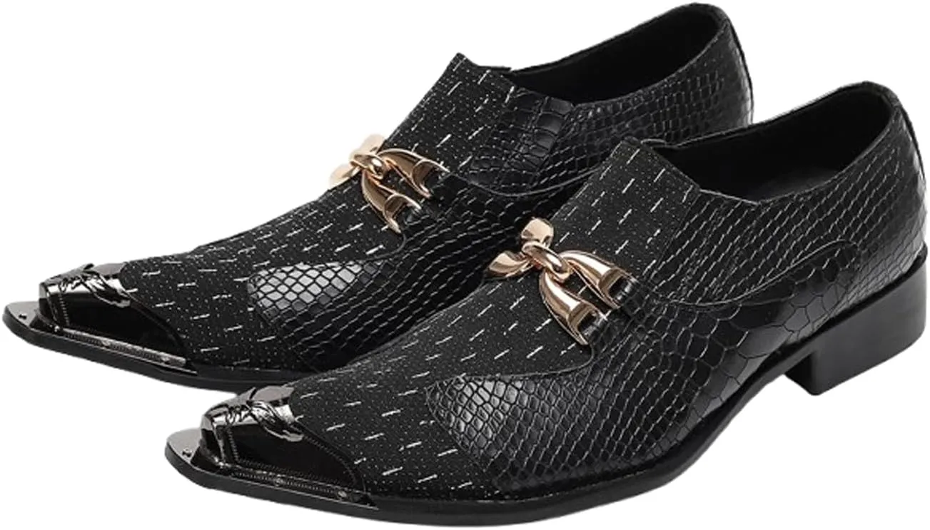 Santimon Men??s Slip-On Dress Loafers with Gold Chain & Metal Toe ?C Mixed-Texture Crocodile Embossed Leather Wedding Party Disco Bar Shoes