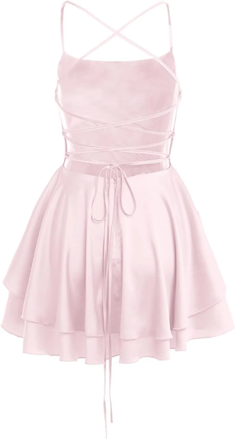 Sexy Satin Dress for Women Summer Backless Ruffle Short Dresses Cowl Neck Spaghetti Strap Tiered Layer Mini Sundress