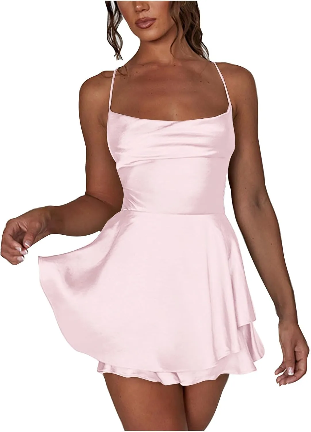 Sexy Satin Dress for Women Summer Backless Ruffle Short Dresses Cowl Neck Spaghetti Strap Tiered Layer Mini Sundress