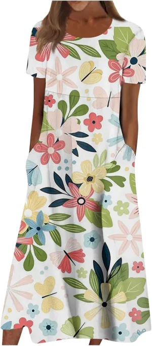 SGASY Summer Dresses for Women 2024 Short Sleeve High Waist Floral Pockets Sun Dress Plus Size Dresses for Curvy Women