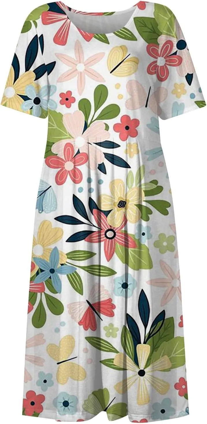 SGASY Summer Dresses for Women 2024 Short Sleeve High Waist Floral Pockets Sun Dress Plus Size Dresses for Curvy Women