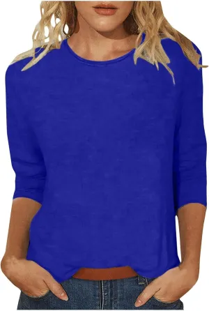 SHAOBGE 3/4 Sleeve Tops for Women's Solid Color Round Neck Slim Seven Point Sleeve T Shirt Top Women's Active