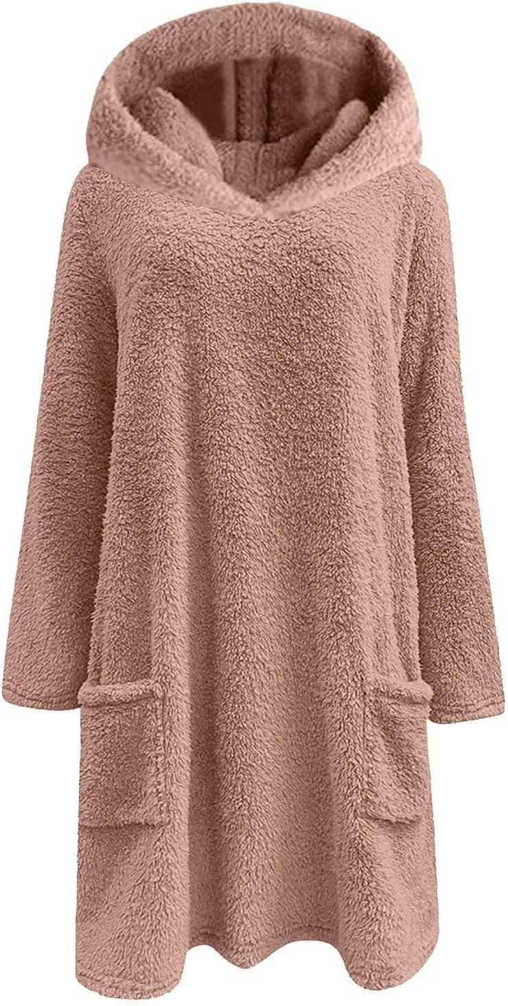 Sherpa Hoodie Dress for Women Cute Fuzzy Long Sleeve Sweatshirt Dress Casual Fall Mini Sweater Dress with Pockets