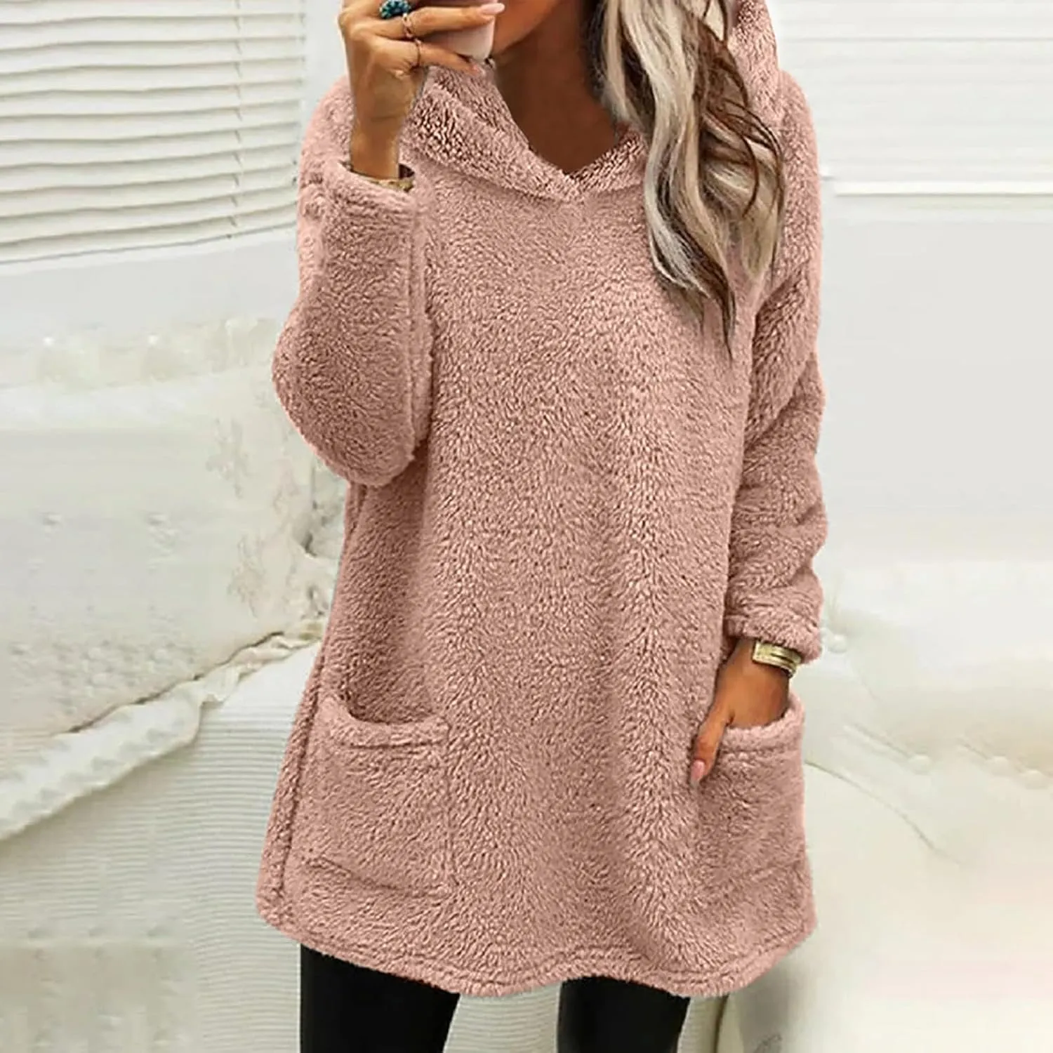 Sherpa Hoodie Dress for Women Cute Fuzzy Long Sleeve Sweatshirt Dress Casual Fall Mini Sweater Dress with Pockets