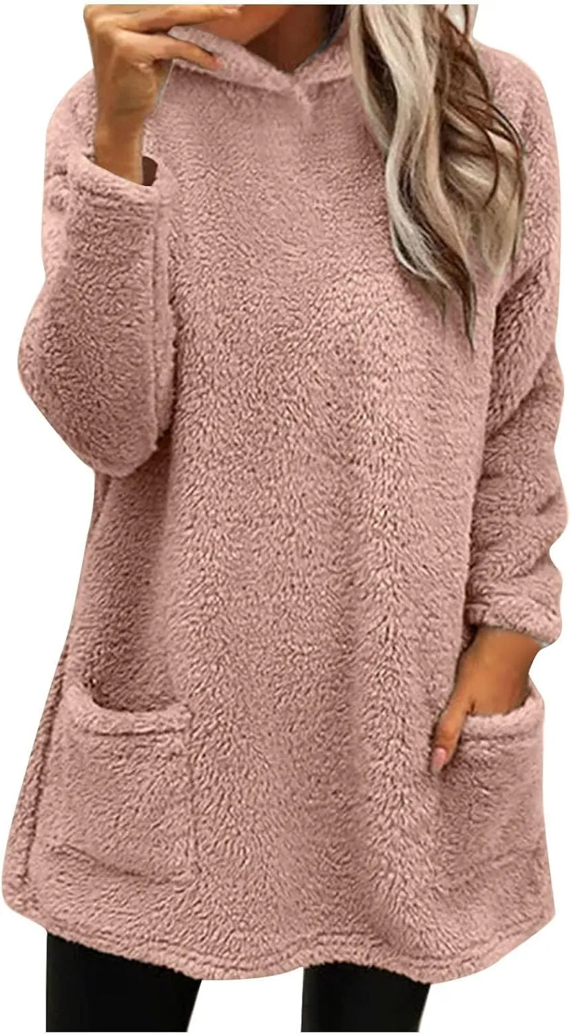Sherpa Hoodie Dress for Women Cute Fuzzy Long Sleeve Sweatshirt Dress Casual Fall Mini Sweater Dress with Pockets