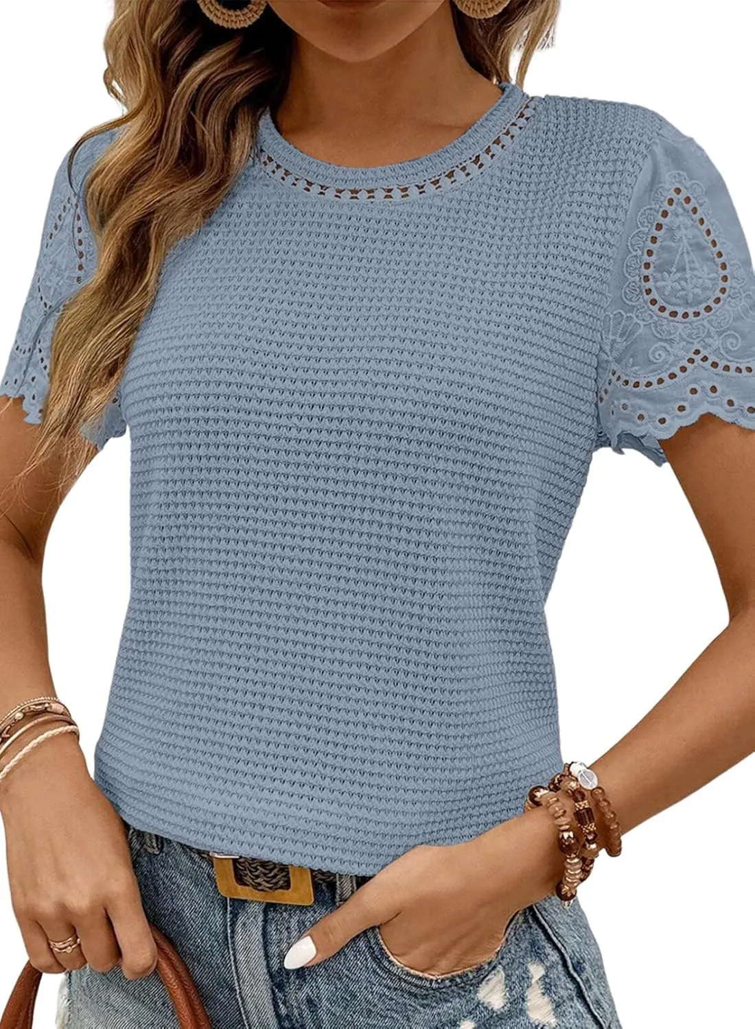 SHEWIN Womens Frenchy Summer Tops Crewneck Short Sleeve T Shirts Casual Waffle Knit Jacquard Blouses Top Shirts