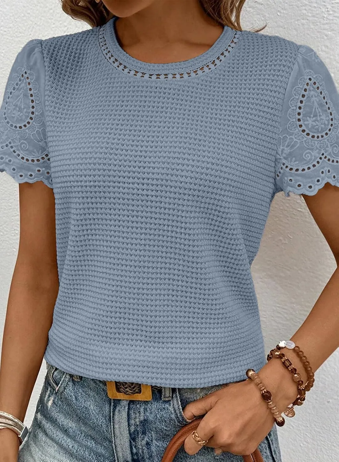 SHEWIN Womens Frenchy Summer Tops Crewneck Short Sleeve T Shirts Casual Waffle Knit Jacquard Blouses Top Shirts