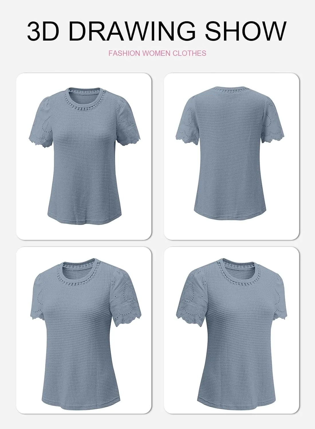 SHEWIN Womens Frenchy Summer Tops Crewneck Short Sleeve T Shirts Casual Waffle Knit Jacquard Blouses Top Shirts