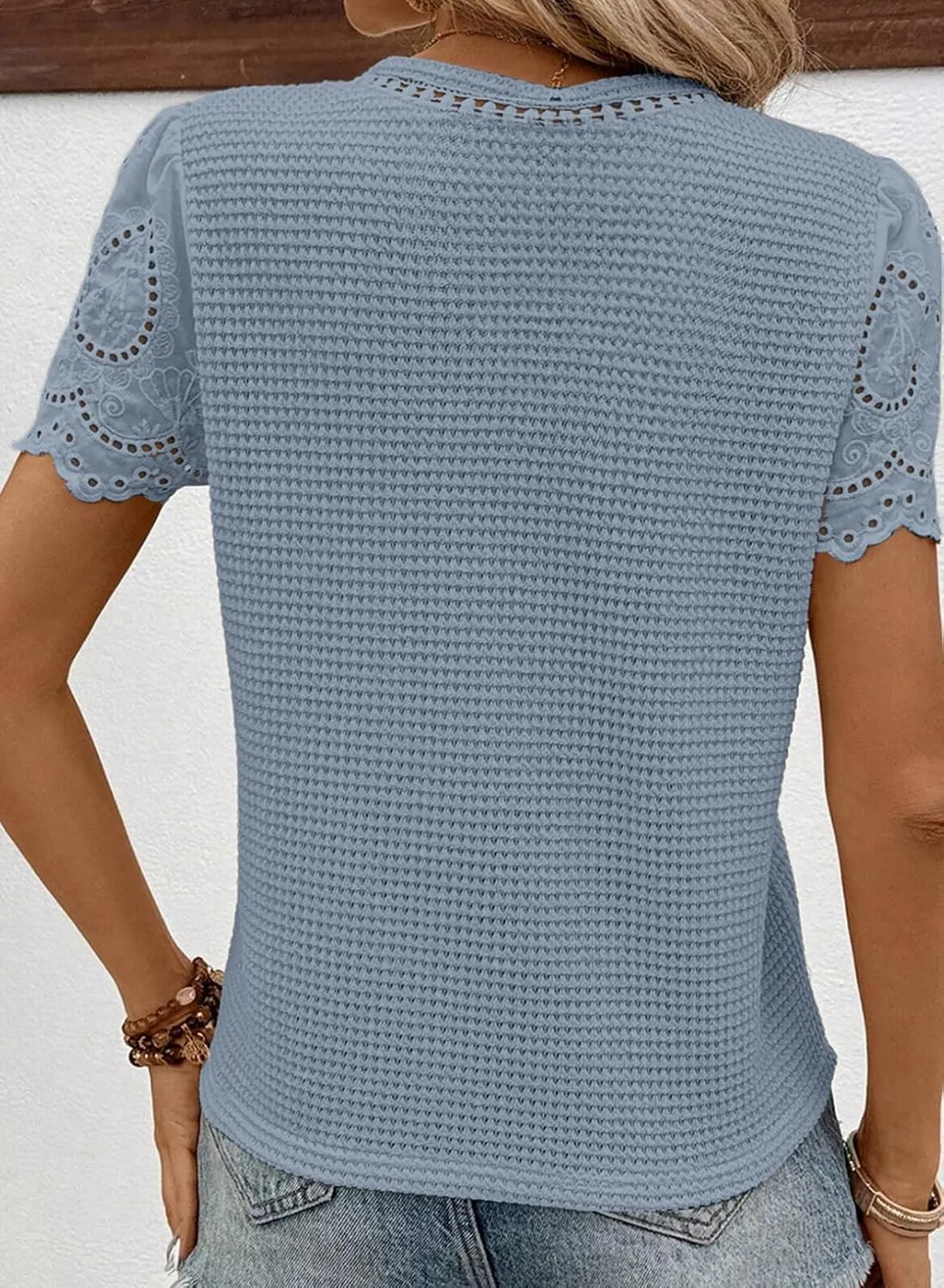 SHEWIN Womens Frenchy Summer Tops Crewneck Short Sleeve T Shirts Casual Waffle Knit Jacquard Blouses Top Shirts