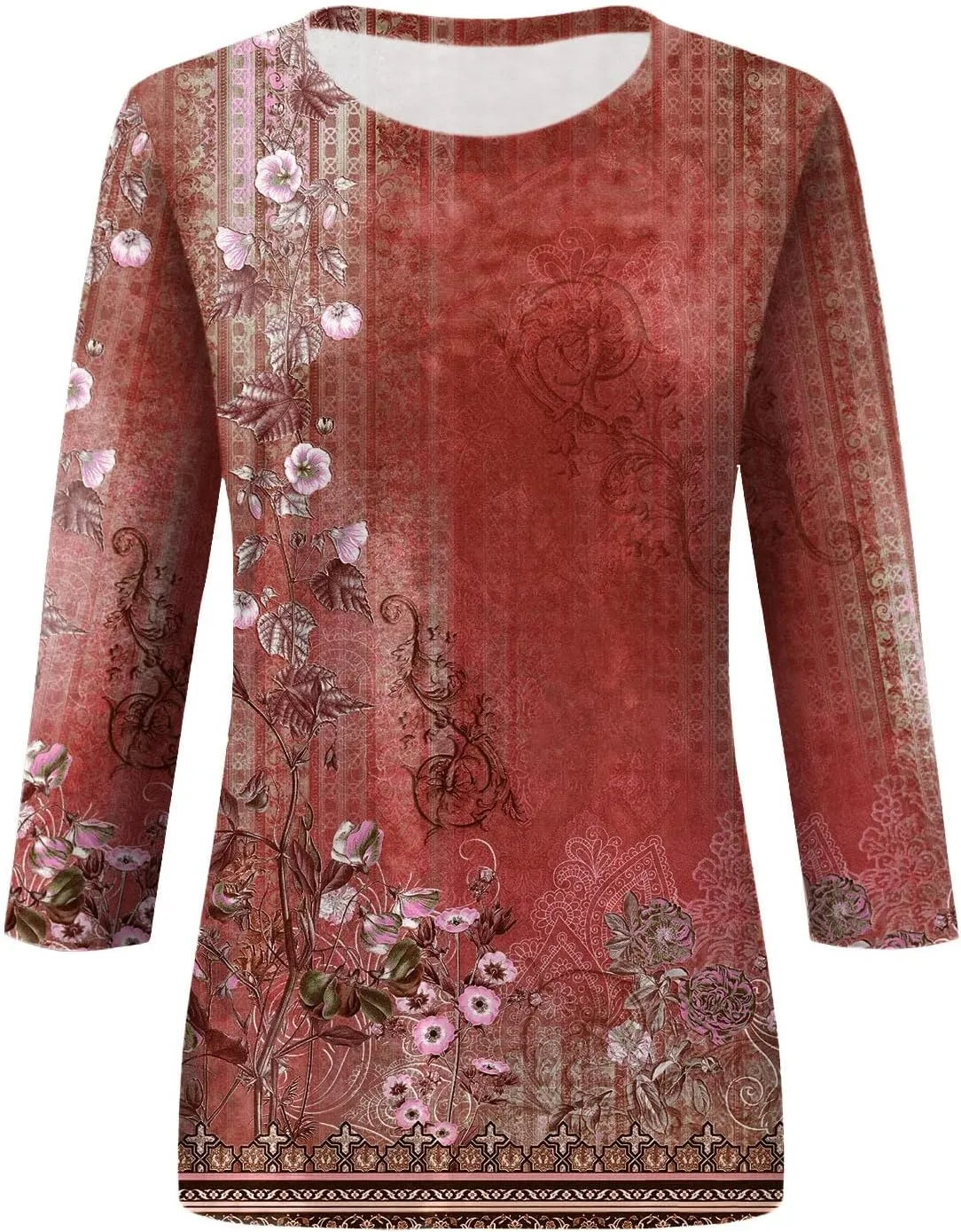 Shirts for Women Trendy 3/4 Sleeve Crewneck Cute Shirts Casual Print Three Guarter Length T Shirt Summer Pullover