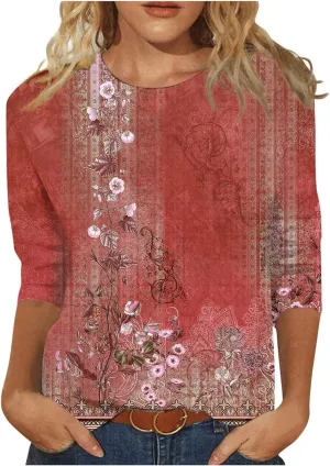 Shirts for Women Trendy 3/4 Sleeve Crewneck Cute Shirts Casual Print Three Guarter Length T Shirt Summer Pullover