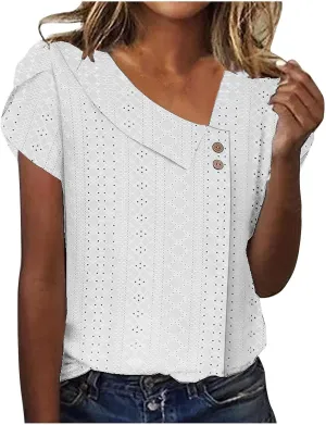 Shirts for Women Trendy Summer 2024 Petal Short Sleeve v Neck Petite Tops Cute Lace Eyelet Blouses Dressy Casual