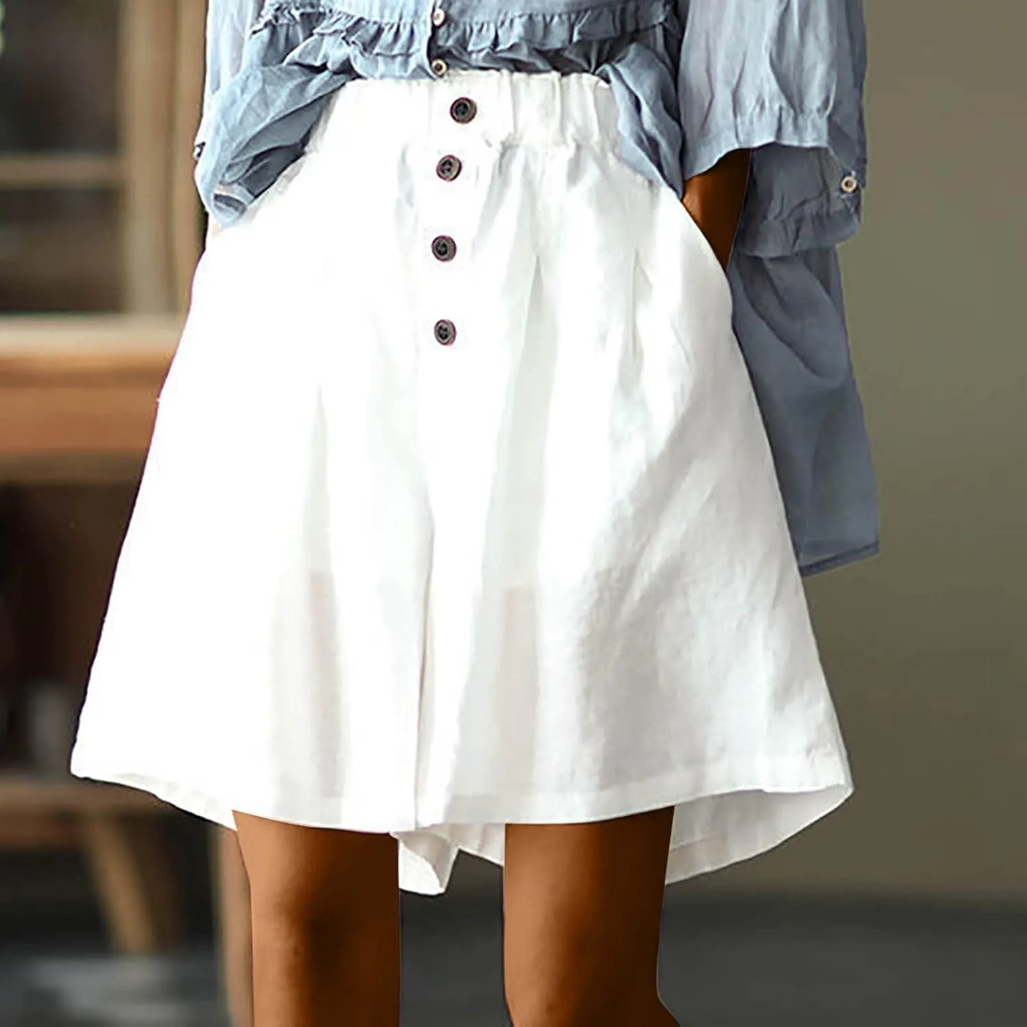Shorts for Women Trendy 2024 Elastic High Waisted Cotton Linen Wide Leg Shorts Baggy Casual Summer Shorts with Pocket
