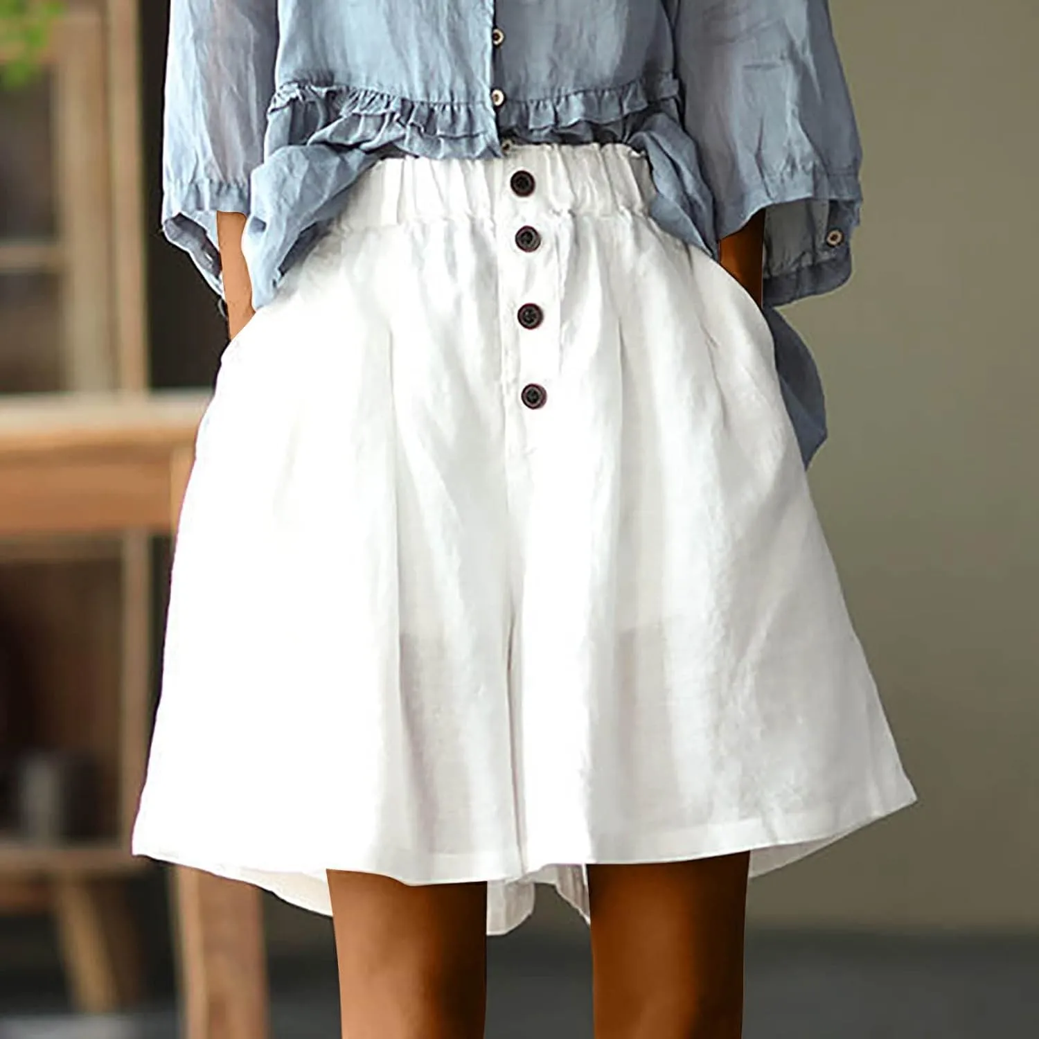 Shorts for Women Trendy 2024 Elastic High Waisted Cotton Linen Wide Leg Shorts Baggy Casual Summer Shorts with Pocket