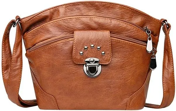 Shoulder Bags Women Leather Shoulder Bag Solid Color Multi-Pockets Messenger Bag Female Bucket Bags Travel Lock Purses(Brown)