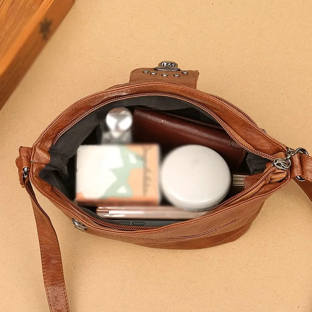 Shoulder Bags Women Leather Shoulder Bag Solid Color Multi-Pockets Messenger Bag Female Bucket Bags Travel Lock Purses(Brown)
