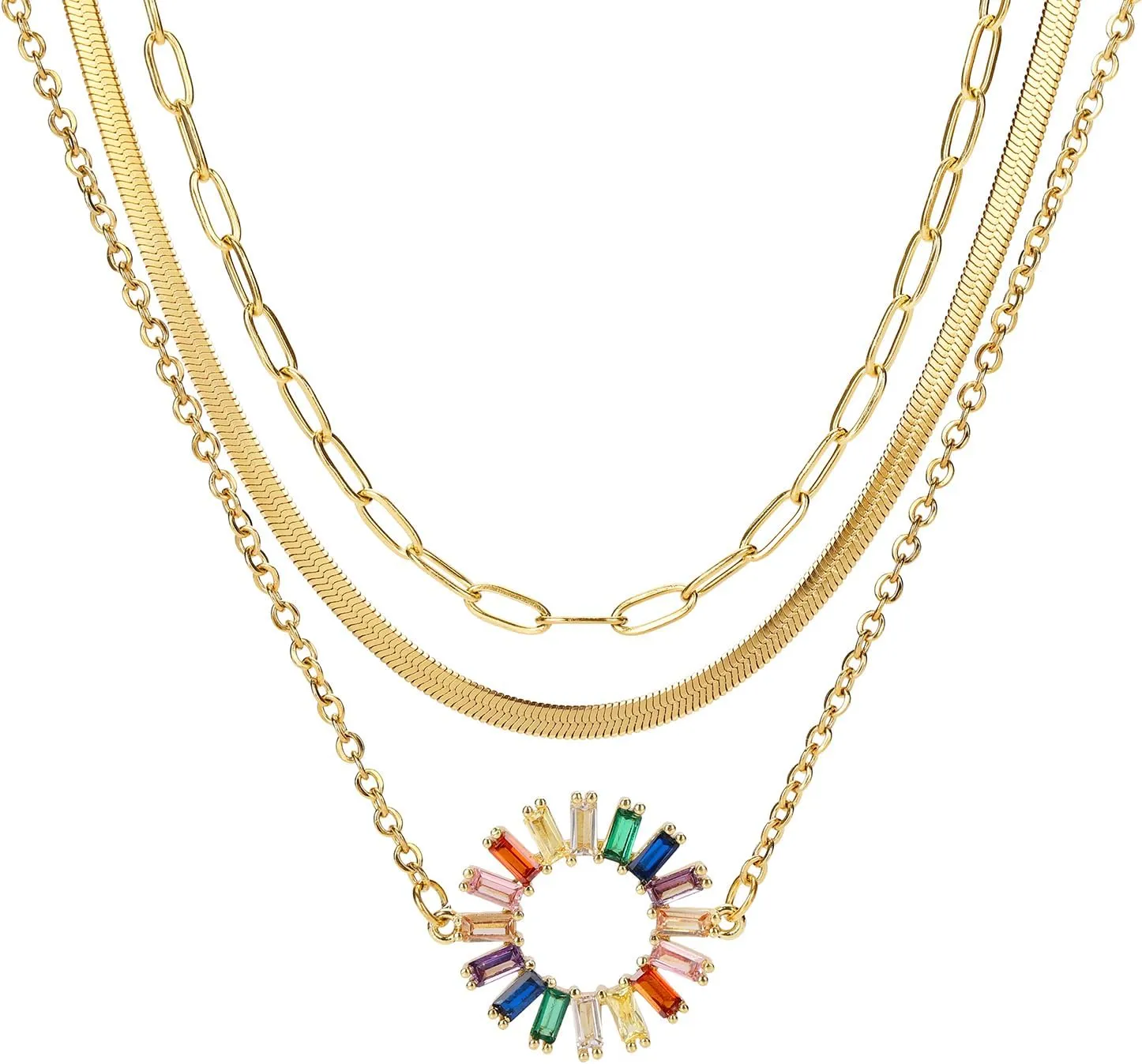 SHOWNICE Layered Choker Necklaces 18K Gold Plating Multilayer Chain Dainty Colorful Cubic zirconia Pendant Adjustable Layering Choker Necklaces for Women