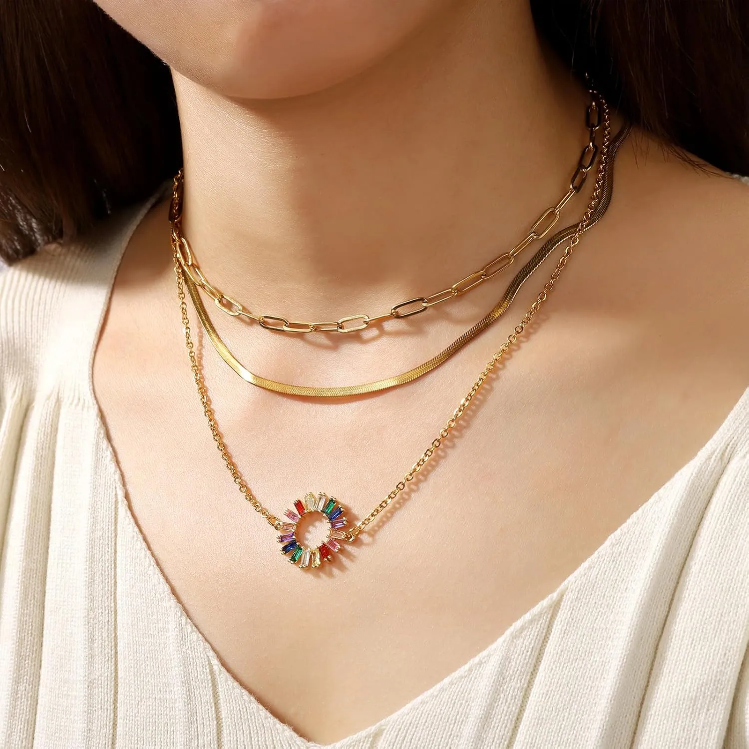 SHOWNICE Layered Choker Necklaces 18K Gold Plating Multilayer Chain Dainty Colorful Cubic zirconia Pendant Adjustable Layering Choker Necklaces for Women